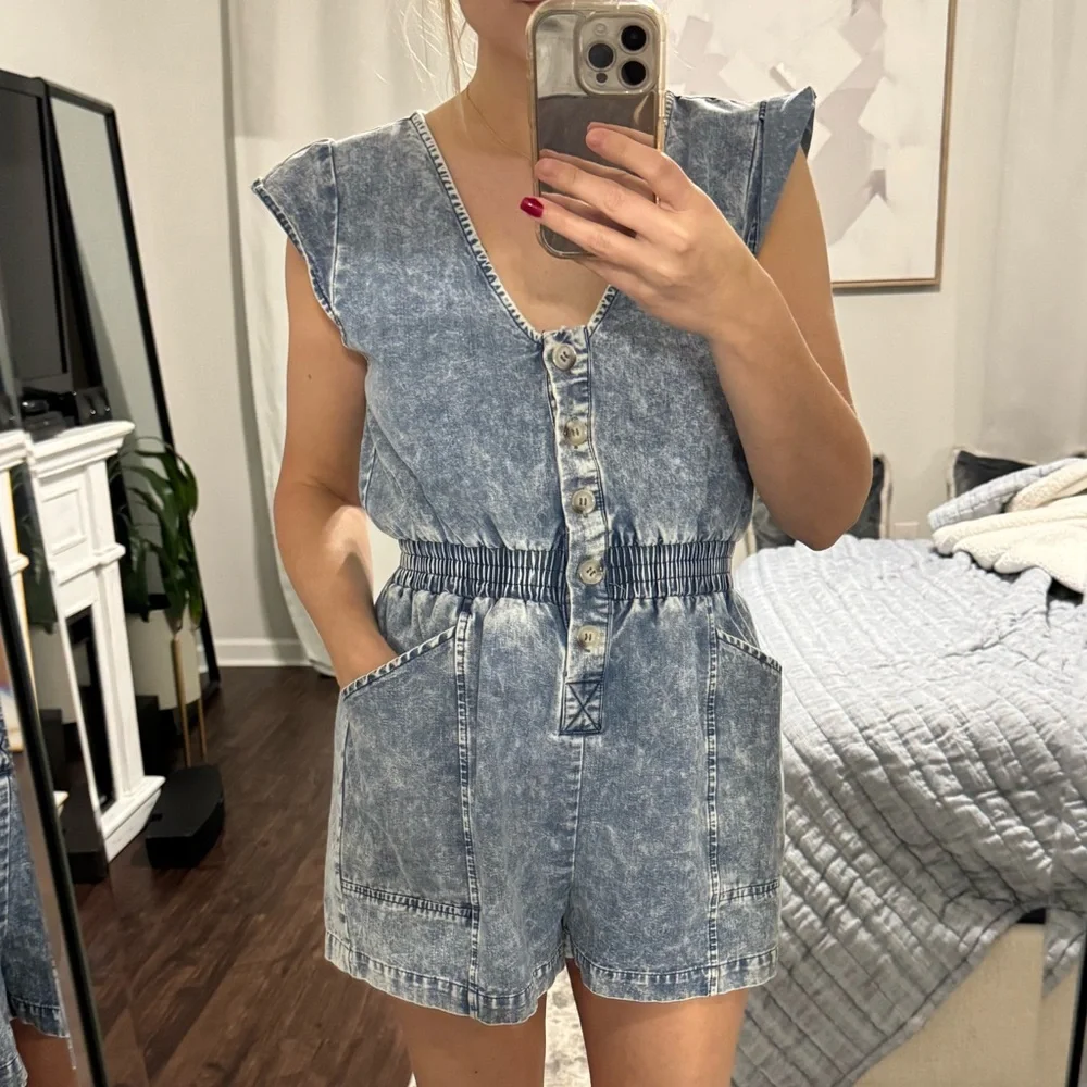 Cute Girly Flare Sleeves Blue Denim Pull Up Stretch Romper - Picture 11 of 11